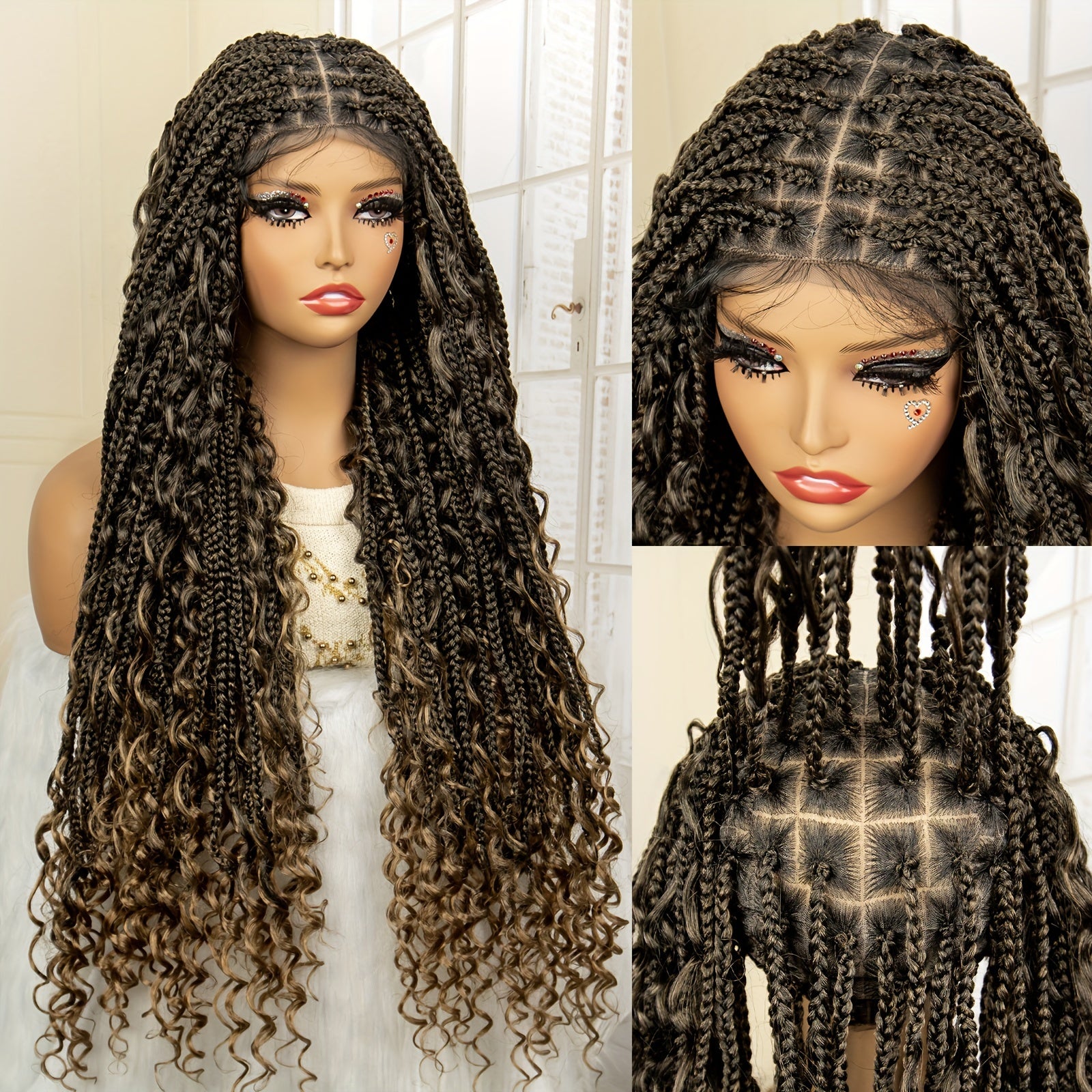 Full Lace Women's Bohemian Knotless Braided Full Lace Wig, Long Goddess Braided Wig, Curly Synthetic Braids With Baby Hair, Synthetic Bohemian Braided Wig